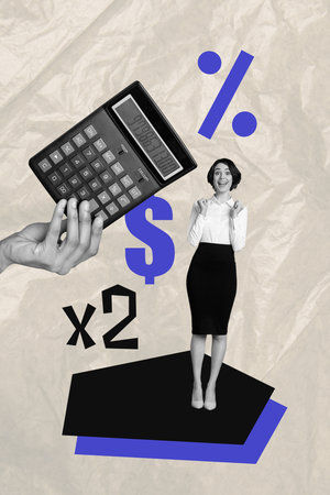 Trend artwork poster image collage of hand hold calculator count percent young businesswoman stand salary savings investment market budgetの写真素材