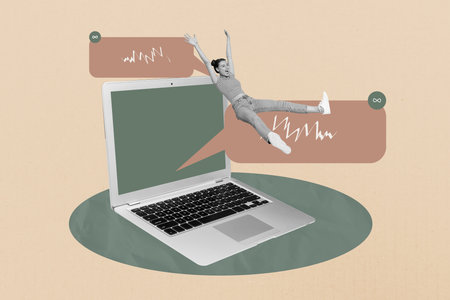 Pop image collage of person sit gadget netbook with ride speech bubble on pastel backgroundの写真素材