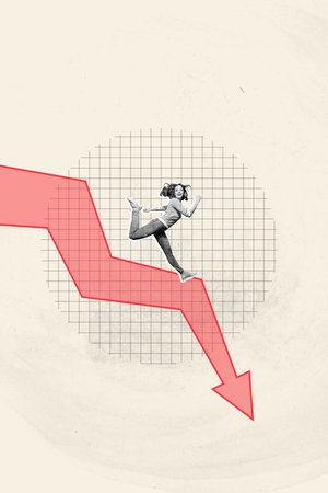 Banner image zine art pop trend collage of happy inexperienced businesswoman run arrow pointer bankruptcy decline crisisの写真素材