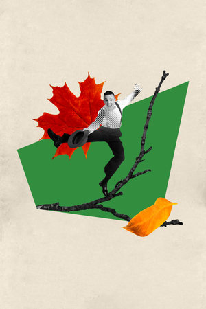 Sketch image trend montage 3D photo collage of holiday weather foliage autumn climate young gentleman dance hand hold cap wooden branchの写真素材