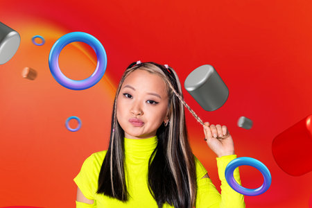 Collage of happy person in bright outfit surrounded by 3D abstract shapes vibrant design expressing...