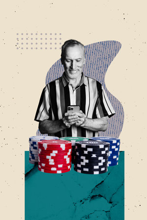 3d image photo poster collage of happy old man hold phone play online casino game chip stack addiction gambling player pokerの写真素材