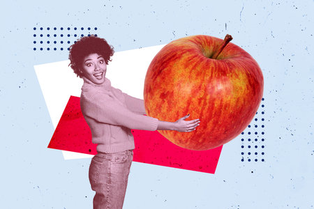 Trend artwork banner sketch 3D photo collage of young woman stand smile ahnd hold apple fruit healthy cooking gourmet food kitchen dinnerの写真素材