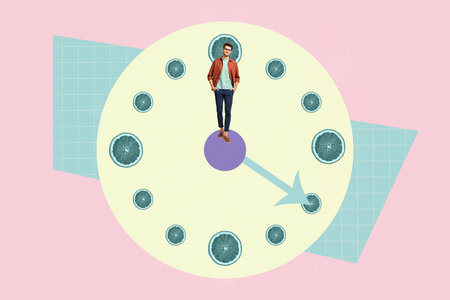 Trend template collage of person stand circle clock point citrus on pink background