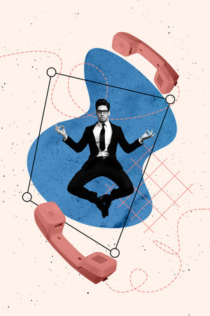 Vertical artwork banner sketch 3d photo collage of serious businessman do yoga meditation call...