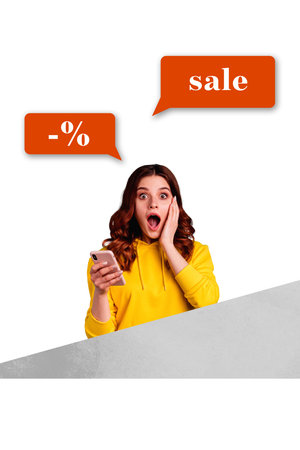 Trendy image artwork pop trend collage of excited girl hold phone bubble percentage sale black...