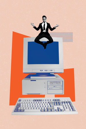 Artwork banner vertical photo collage of serious businessman jump pc monitor yoga meditation freelancer occupation conceptの写真素材