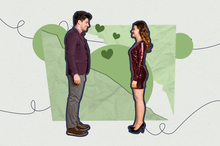 Creative full artwork collage of two happy girl guy sit together love feelings family bonding boyfriend girlfriend couple dateの写真素材