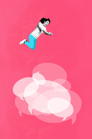 Banner image zine art pop trend collage of happy girl jump cloud notification speech icon dialogue...