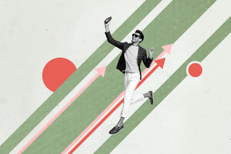 Pop zine sketch artwork collage of happy businessman businesswoman stand arrow development success statistics aim achievementの写真素材