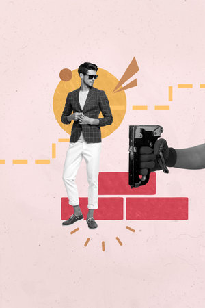 Trendy poster art collage of happy businessman businesswoman stand career ladder development statistics progress goal conceptの写真素材