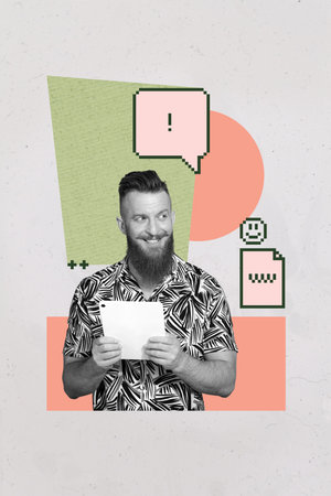 Poster art collage of person sit use gadget on grey color background with exclamation mark chat sms...