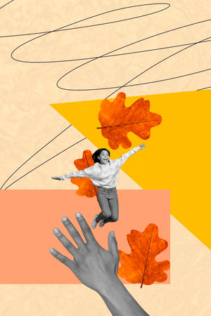 3D collage design composite trend sketch of big size hand hold young teenager girl jump smile fly outside november holiday weather leavesの写真素材