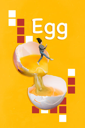 Trend artwork composite banner 3D photo collage of raw broken egg shell young woman walk hold phone calories dinner eat food kitchenの写真素材