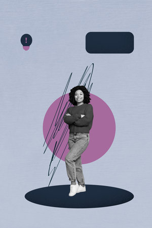 Poster trend collage of person crossed hands on blue background with square shape alert symbolの写真素材