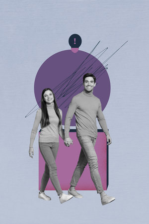 Trend image collage of person walking near cube square with light bulb icon on purple blue backgroundの写真素材