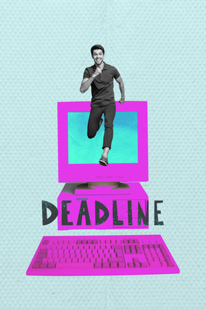 Collage of busy person with book laptop smartphone scissors tablet clock symbolizing deadline pressure in work and studyの写真素材