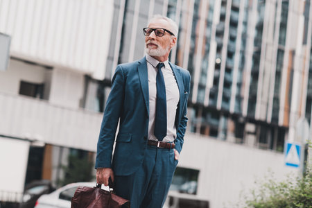 Successful senior businessman standing outdoors in urban setting holding leather briefcase wearing elegant suitの写真素材