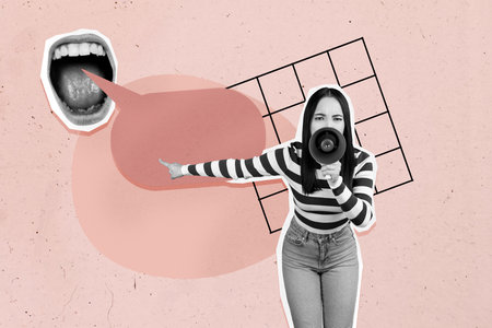 Image poster trend collage of puzzled girl stand bubble mouth talk bullying tension abuse dialogue chatterbox speech notificationの写真素材