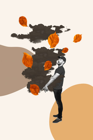Trend template sketch design 3D photo collage of young man delivery hand hold cloud leaves climate atmosphere outdoors seasonal leavesの写真素材