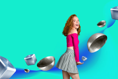 Collage of happy person in bright outfit surrounded by 3D abstract shapes vibrant design expressing joyful party emotionの写真素材