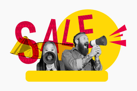 Creative 3d full art image collage of happy girl guy scream megaphone announce discount shopaholic sale bargain market retailの写真素材