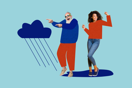 Trend artwork sketch design collage of aged man young lady smile happy dance cloud fall rain stormy...