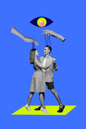 3D collage design composite trend artwork sketch of hand hold rope couple young man lady dance smile puppet rope master boss manipulationの写真素材