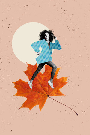 Trend artwork sketch design montage 3D collage of young woman run smile maple leaves excited smile october autumn climate outdoors holidayの写真素材