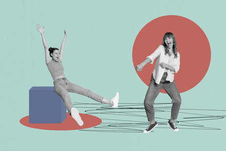 Banner creative collage of people dance sit cube on blue background with circle