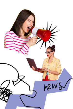 Pop poster trend collage image of two girls correspondent scream megaphone surf laptop fake news...