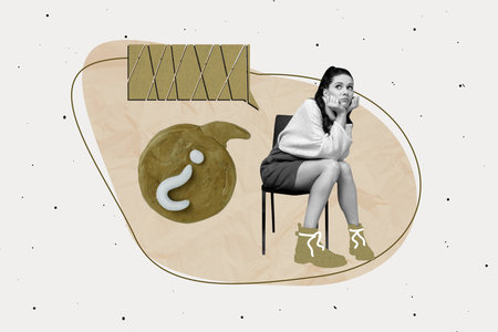 Full zine art trendy photo collage of happy girl guy stand bubble communication question mark ponder idea chatterbox speechの写真素材