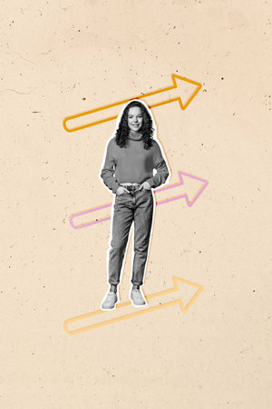 Trendy art creative vertical photo collage of happy businesswoman receive arrow promotion career...