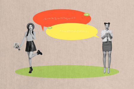 Image template collage of people use gadget speaking text box on pastel color background