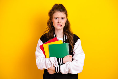 Cute student wearing a trendy jacket looking worried while holding notebooks against a bright yellow...