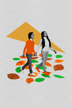 Trend template design 3D collage sketch of couple school age young girl boy date walk together thanksgiving sale november black fridayの写真素材