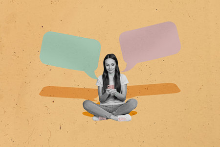 Poster banner creative photo collage of happy girl talk chatterbox notification message communication bubble phrase monologueの写真素材