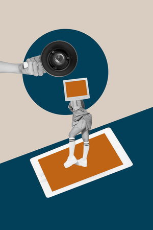 Creative art collage of person with computer face hand hold megaphone on pastel backgroundの写真素材