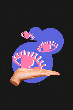 Template sketch image composite artwork collage of psychedelic colorful picture hand hold eyes remote control escape look spy discoveryの写真素材