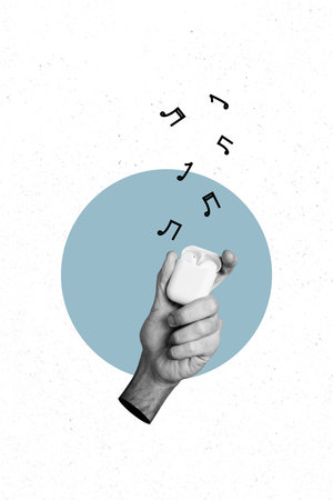 Template poster trend artwork 3D photo collage of hand hold case wireless bluetooth charging headphones earphones music notes party relaxの写真素材