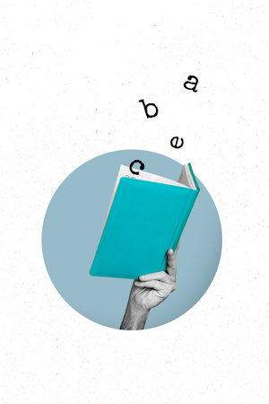 Sketch 3D photo collage trend artwork of letters alphabet interview story writing hand hold open book education learn reader student hobbyの写真素材