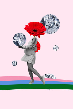 Vertical poster trend collage image of anonym girl dance rainbow instead head gerbera flower bloom lesbian minorities springの写真素材
