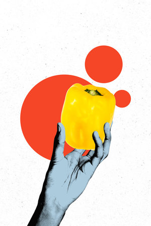 Vertical photo image 3d collage of hand grab pepper vegetable paprika detox juice diet organic nutrition meal kitchen harvestの写真素材