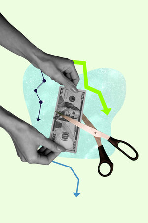 Banner trendy vertical photo collage of human hands hold dollar banknote capital scissors cut coin...