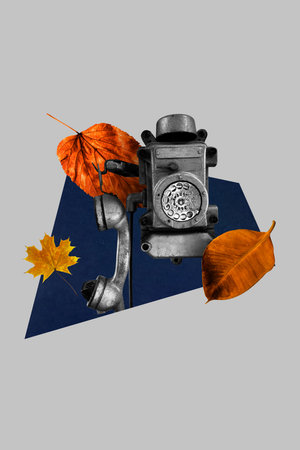Composite artwork 3D collage trend template of obsolete technology call talk landline telephone holiday climate day foliage leavesの写真素材