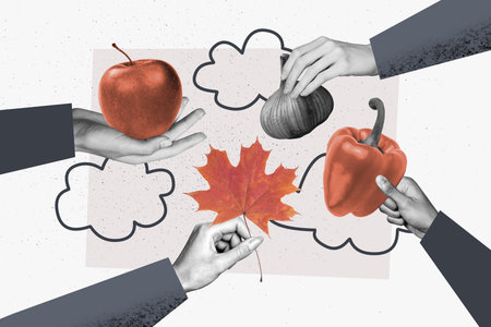 Sketch design collage of four hand hold garlic red pepper maple leave apple fruit cloud sky climate outdoors autumn foliage environmentの写真素材