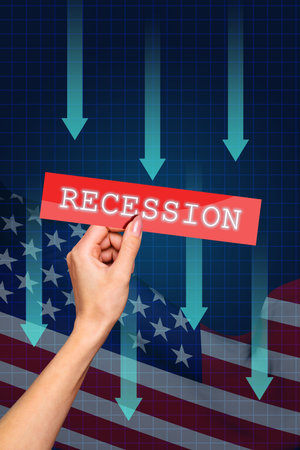 3d sketch poster trend collage image of human hand hold recession america flag arrow chart regress inflation dollar statisticsの写真素材