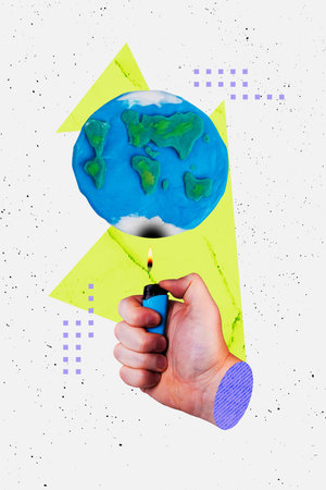 3D photo collage template trend artwork sketch of recycle green eco protection responsibility global warming hand hold fire earth planetの写真素材