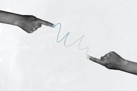 3d poster image full pop art collage of human hand hold needle knot problem solving game resolve organization tied conceptの写真素材