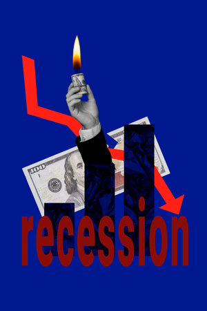 Composite artwork photo collage template sketch of trade war earnings finance investor inflation crisis economy budget hand hold fire burnの写真素材